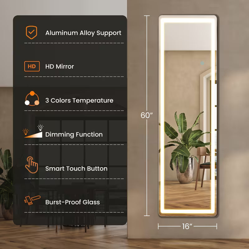 Full Length LED Lighted Standing Wall-Mounted Body Mirror