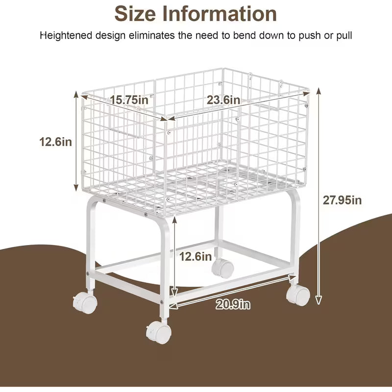 Metal Wire Rolling Laundry Hamper Cart with Pull Handle