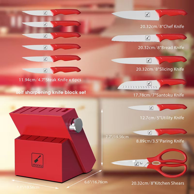 14-Piece Stainless Steel Kitchen Knife Set with Sharpener Block Red