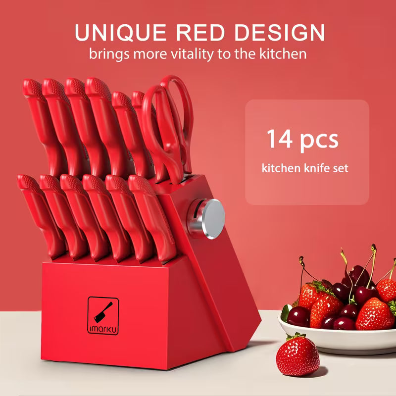 14-Piece Stainless Steel Kitchen Knife Set with Sharpener Block Red
