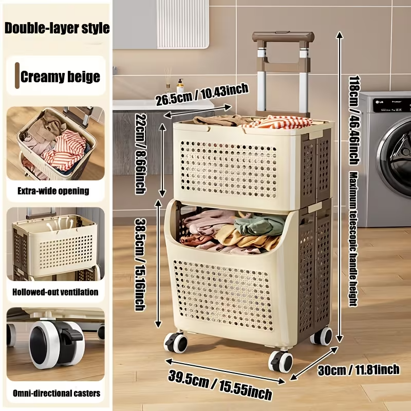 Collapsible Double-Layer Plastic Laundry Basket with Wheels