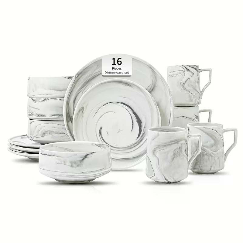 Marbled Round Ceramic Dinnerware Set with Plates and Bowls