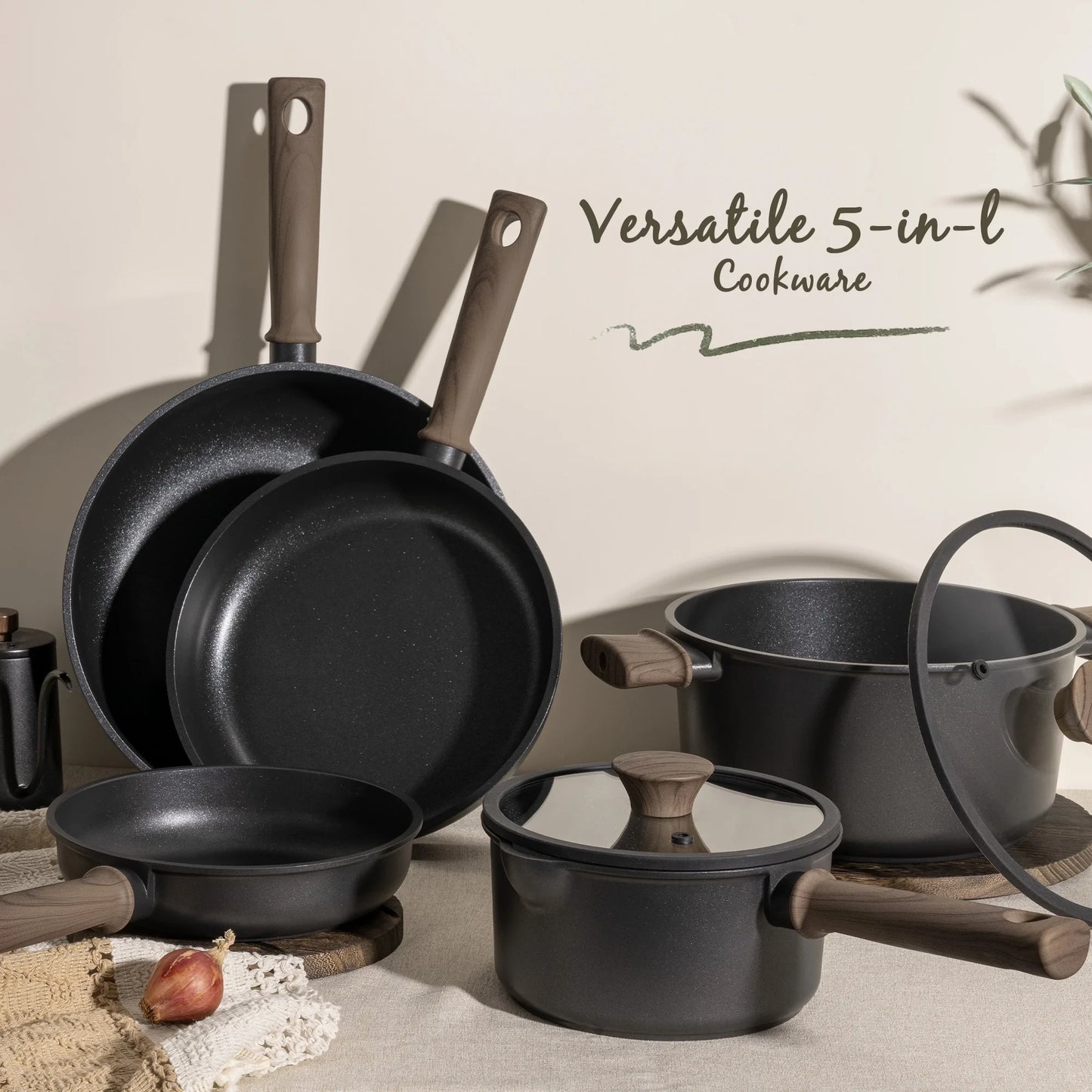 18-Piece Pots and Pans Set with Elegant Wooden Handle