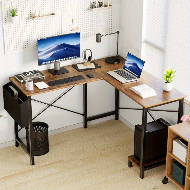 L-Shaped Corner Computer Desk with Storage Pocket | Wooden Home Office / Gaming