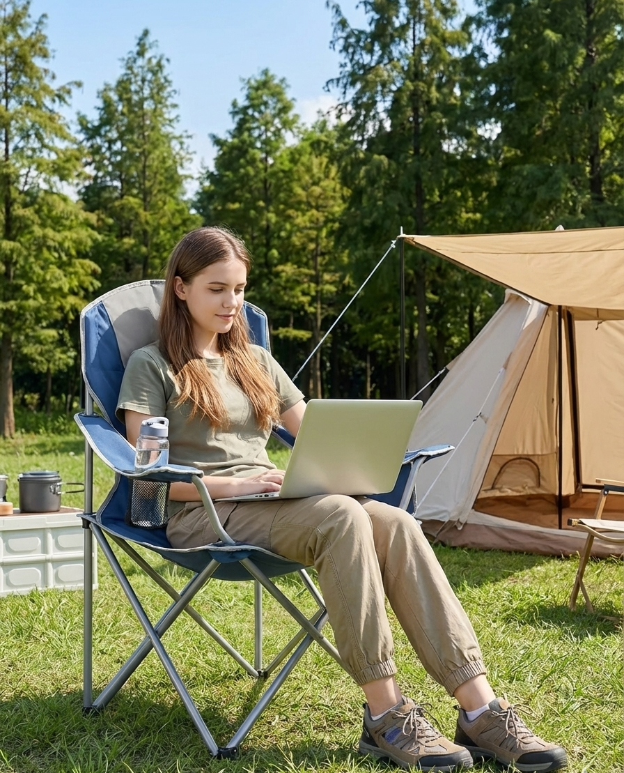 500 lbs Heavy Duty Folding Camping Chair w/ Cup Holder & Cooler Bag | Portable Outdoor Beach Seat