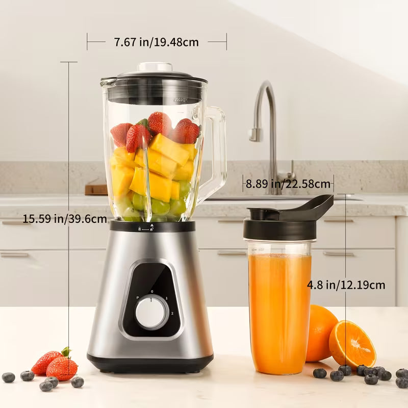 Powerful Countertop Blender with 52oz Glass Jar and 22oz Travel Cup Silvery