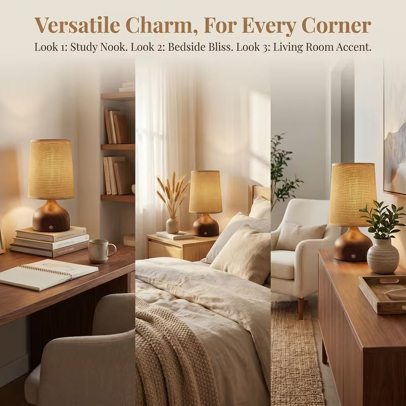 Wireless Rechargeable Wooden Table Lamp with Linen Shade