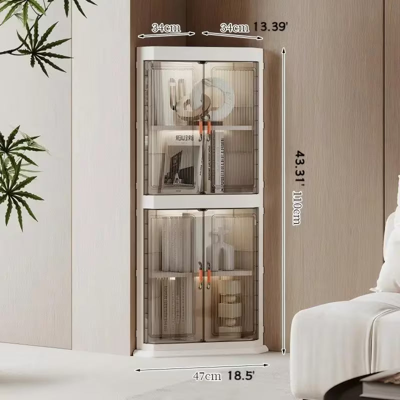3-Tier Foldable Stackable Corner Storage Cabinet with Transparent Doors