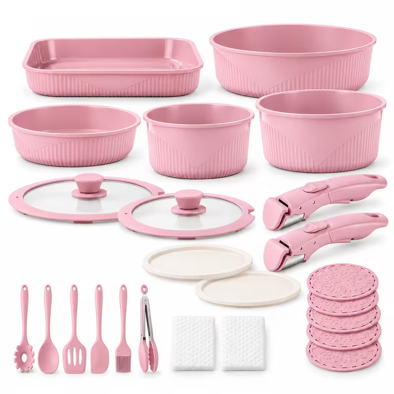 24-Piece Nonstick Cookware Set with Detachable Handles