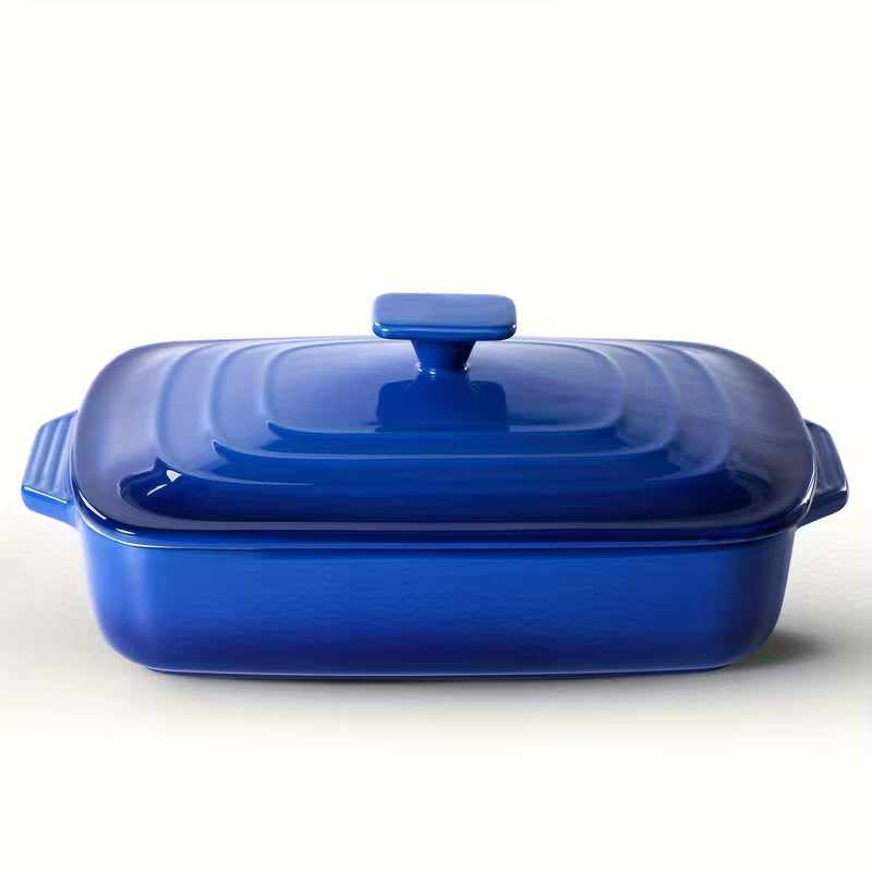 Large Ceramic Casserole Dish with Lid 4.0 Qt Rectangular Baking Pan Red