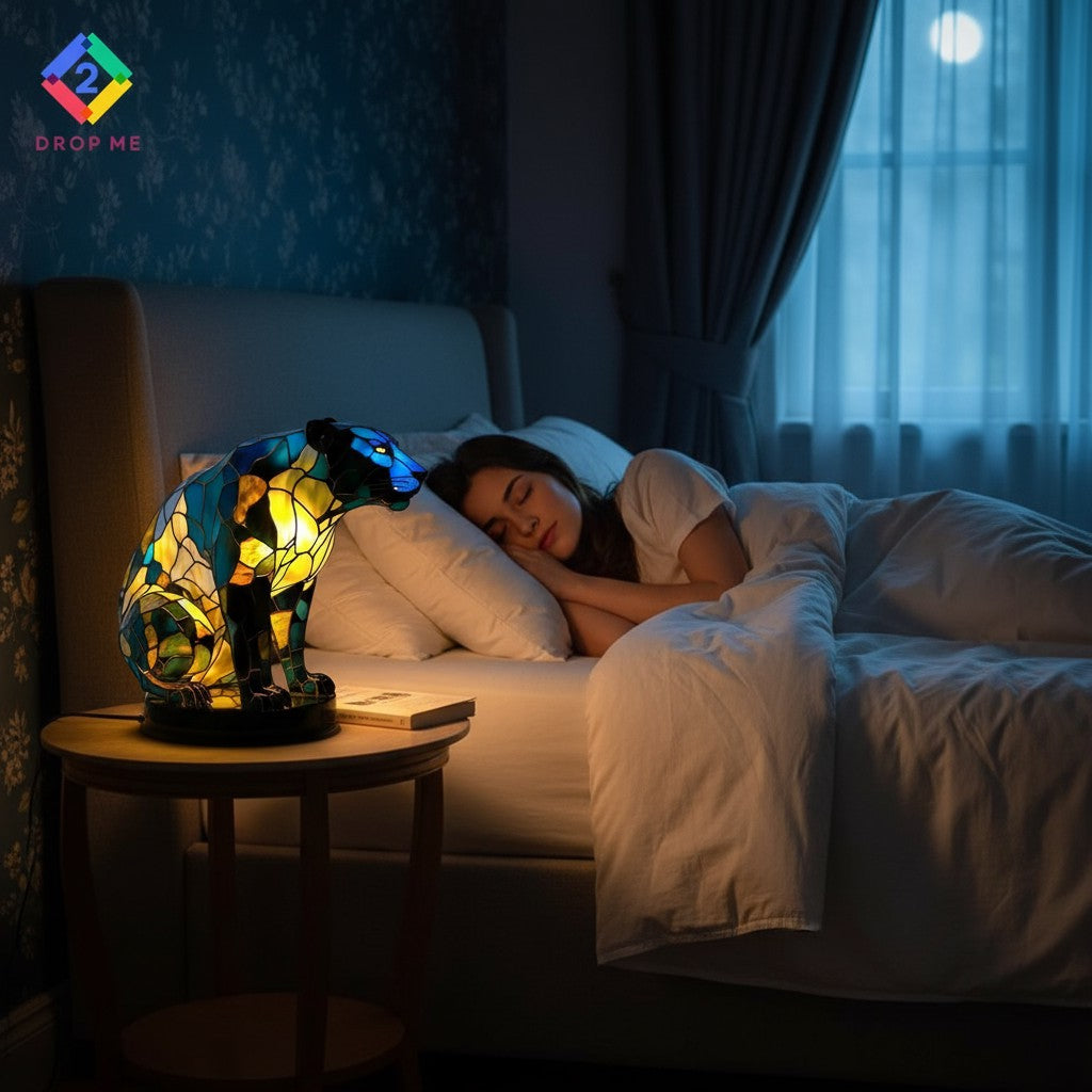 Elegant 3D panther stained resin LED lamp glowing softly on a nightstand, ideal for relaxing bedroom lighting.