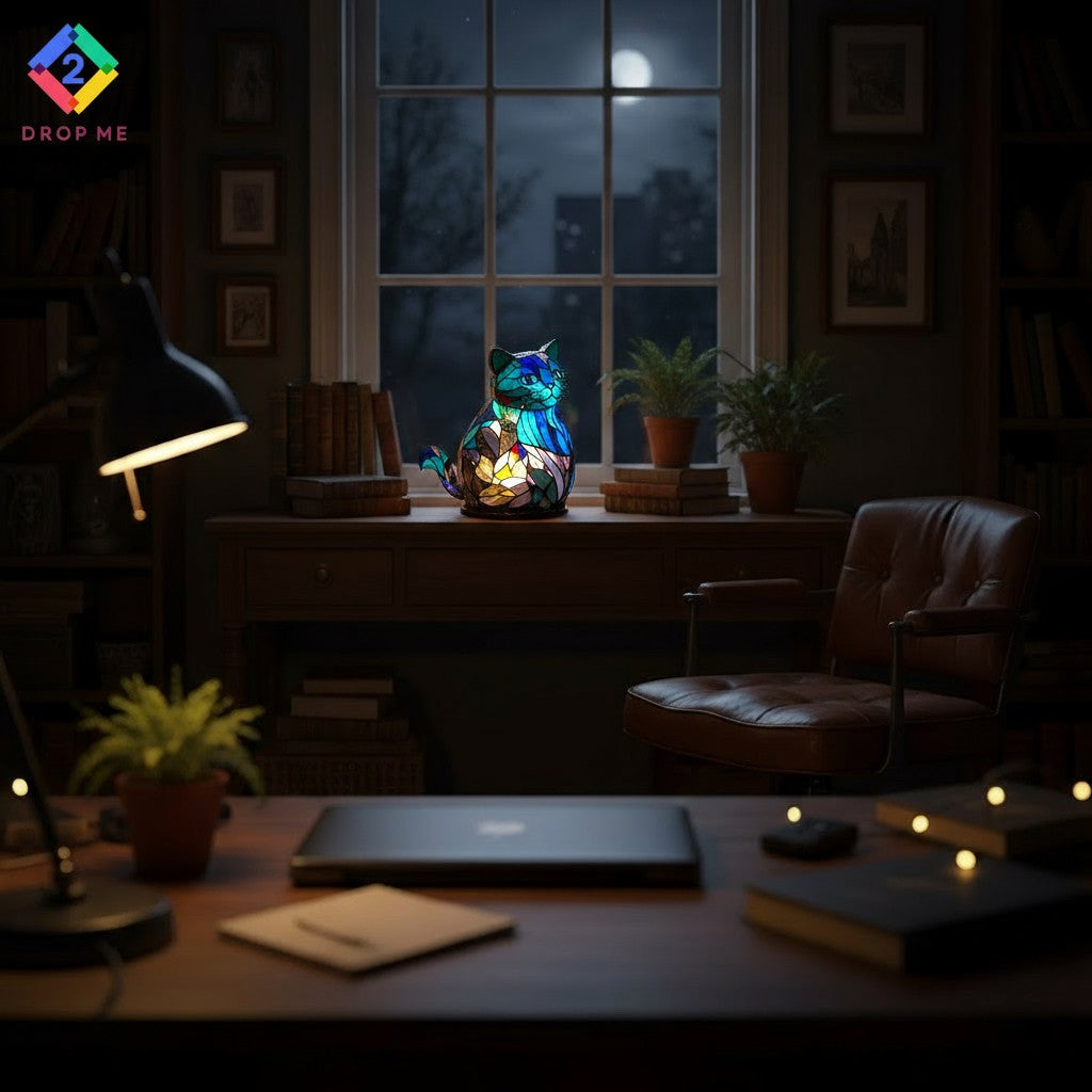Blue 3D cat resin lamp softly illuminating a study desk by the window under moonlight, creating a relaxing bedroom vibe.