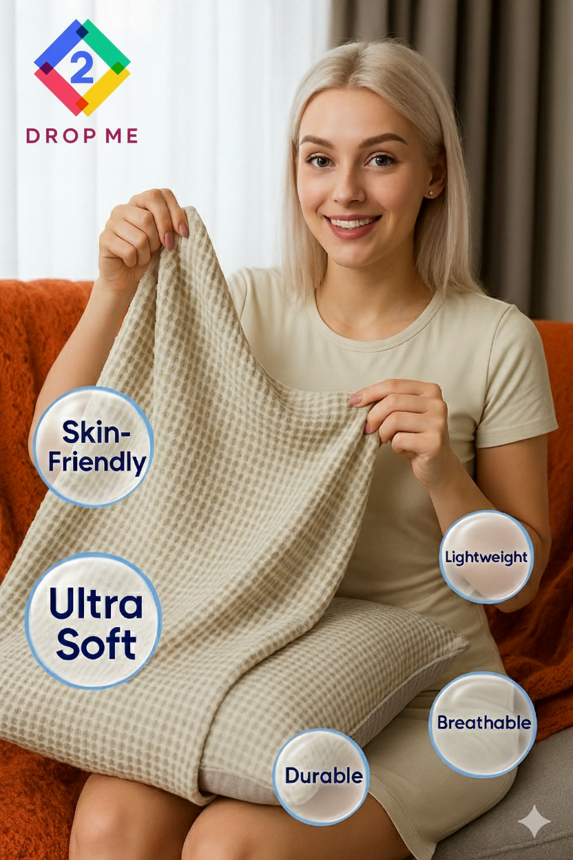 Smiling woman holding a beige waffle weave blanket labeled ultra soft, breathable, lightweight, and durable.