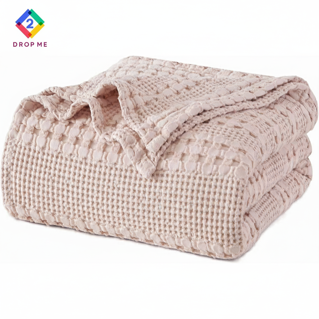 Cozy waffle texture blanket in ivory color, breathable and stylish throw for bed or sofa.