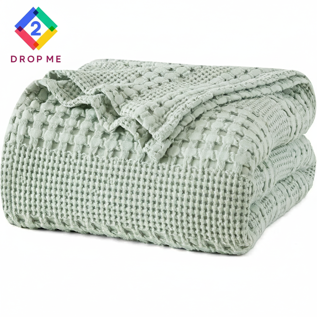 2Dropme Queen size waffle blanket, soft ivory bedspread perfect for home or travel use.