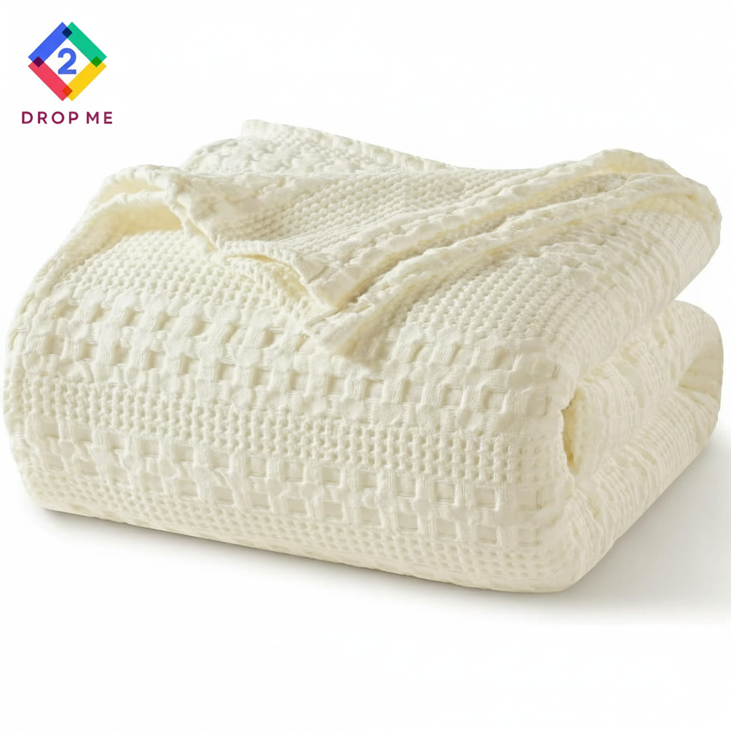 Soft ivory waffle blanket folded neatly, 2Dropme all-season throw with modern textured design.