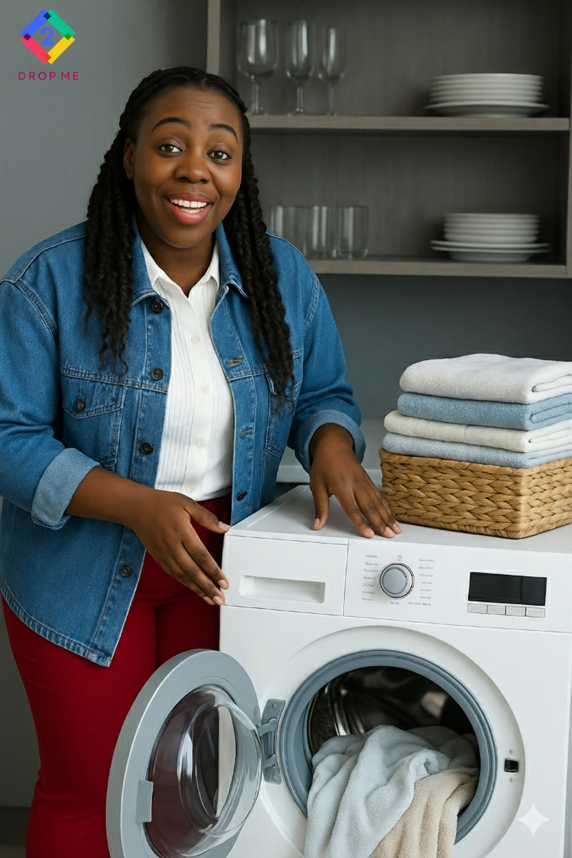 Smiling woman showing how to wash and care for 2Dropme waffle weave blankets using a washing machine.