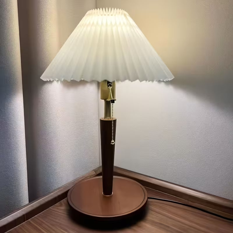 Traditional Pleated Wooden Desk Lamp with Solid Wood Base