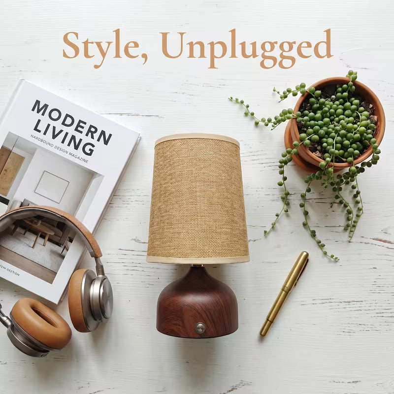 Wireless Rechargeable Wooden Table Lamp with Linen Shade