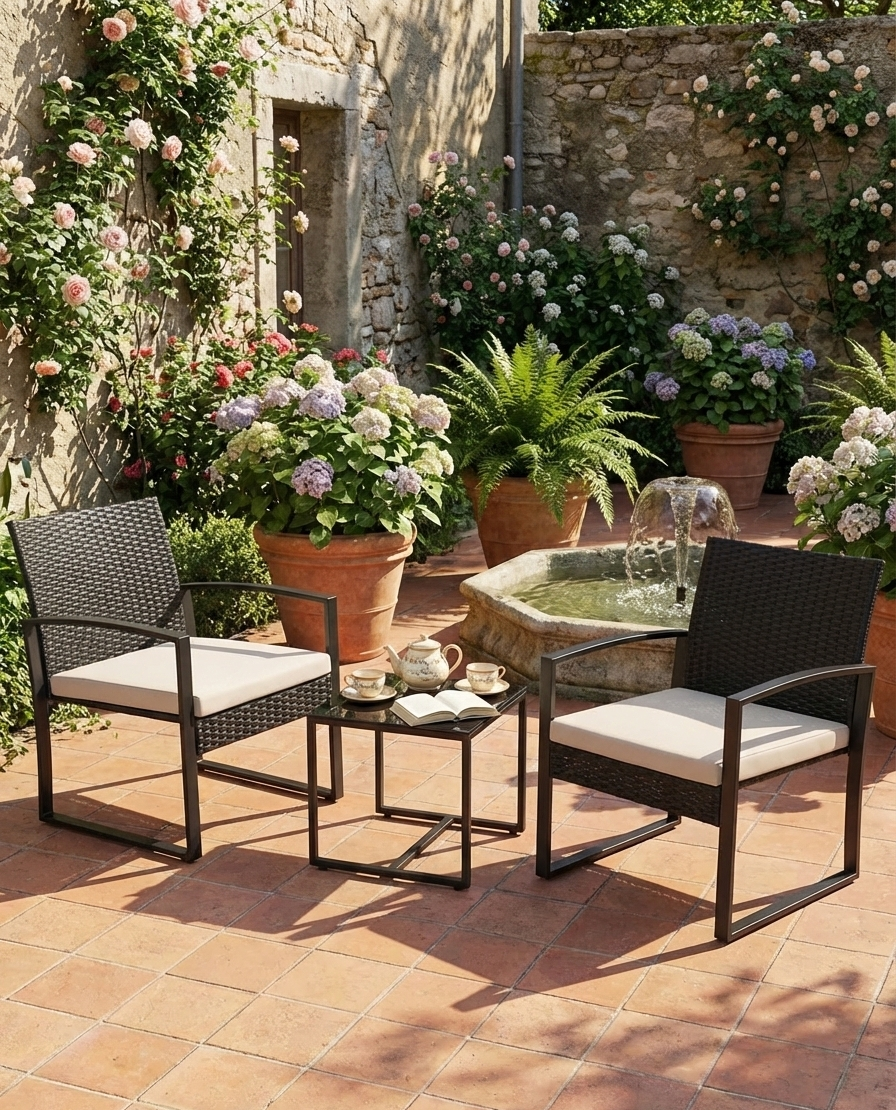 3-Piece Outdoor Patio Furniture Set – Wicker Chairs + Bar Table with Cushions