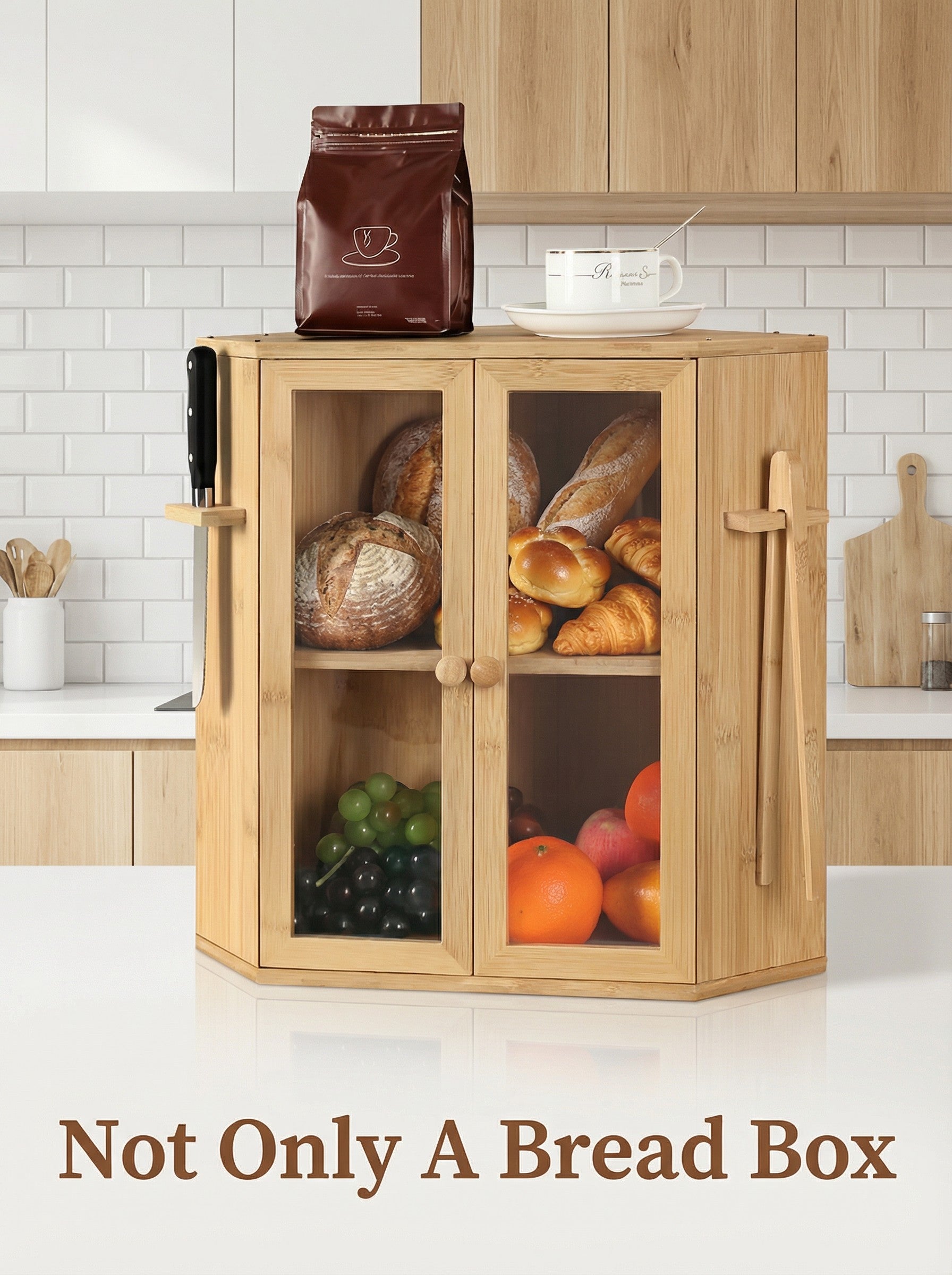 Bamboo Bread Box with Clear Doors – 2-Tier Kitchen Countertop Organizer
