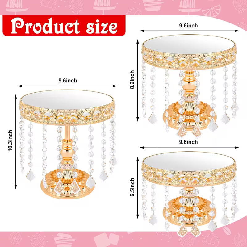 3-Piece Round Metal Cake Stand Set with Crystal Pendants Gold