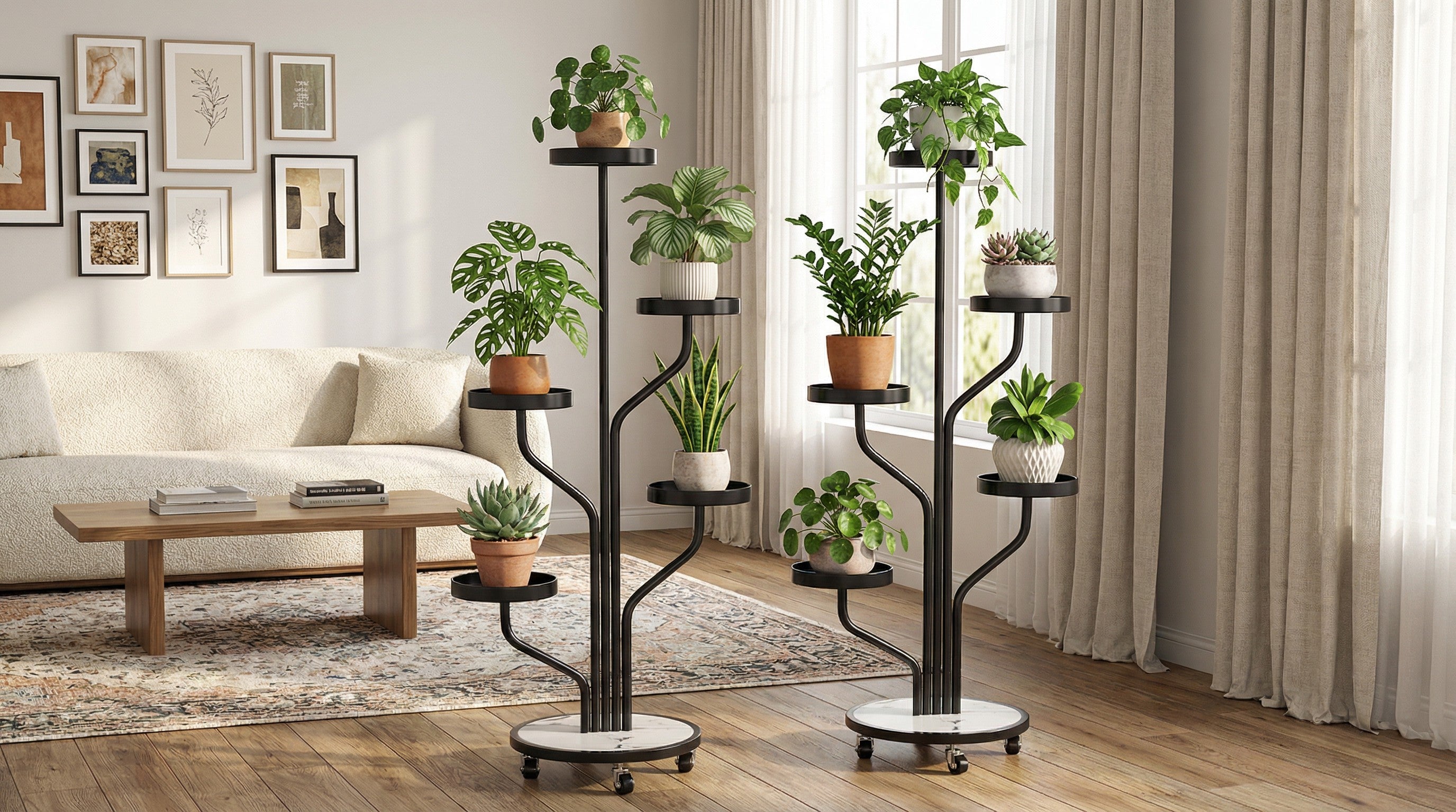 5-Tier Metal Plant Stand with Wheels, Rolling Indoor Outdoor Planter Shelf