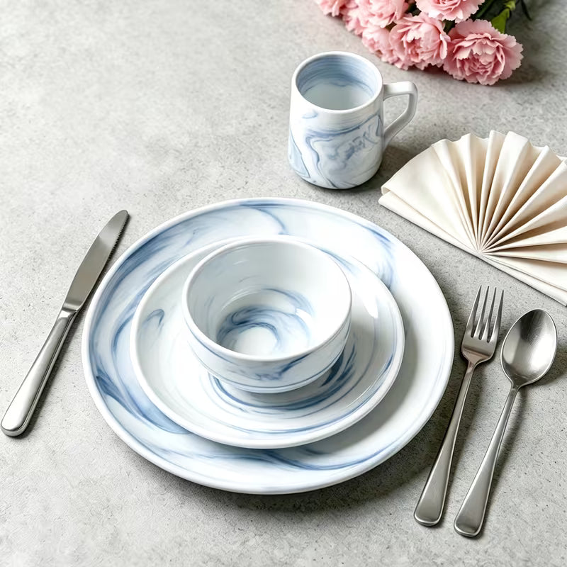 Marbled Round Ceramic Dinnerware Set with Plates and Bowls