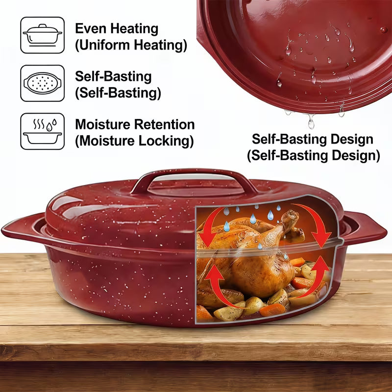 Oval Enamel Roasting Pan with Lid Baking Dish Turkey Roaster