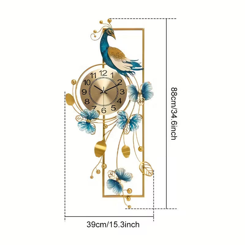 34.6-Inch Elegant Peacock Butterfly Metal Wall Clock Home Decor