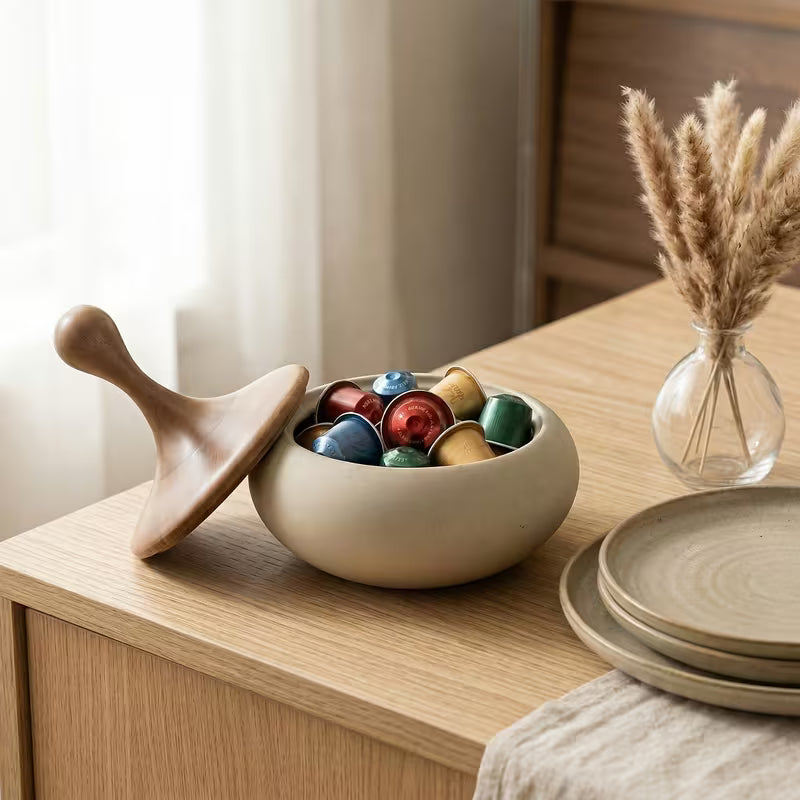 Ceramic Storage Jar with Solid Wood Lid