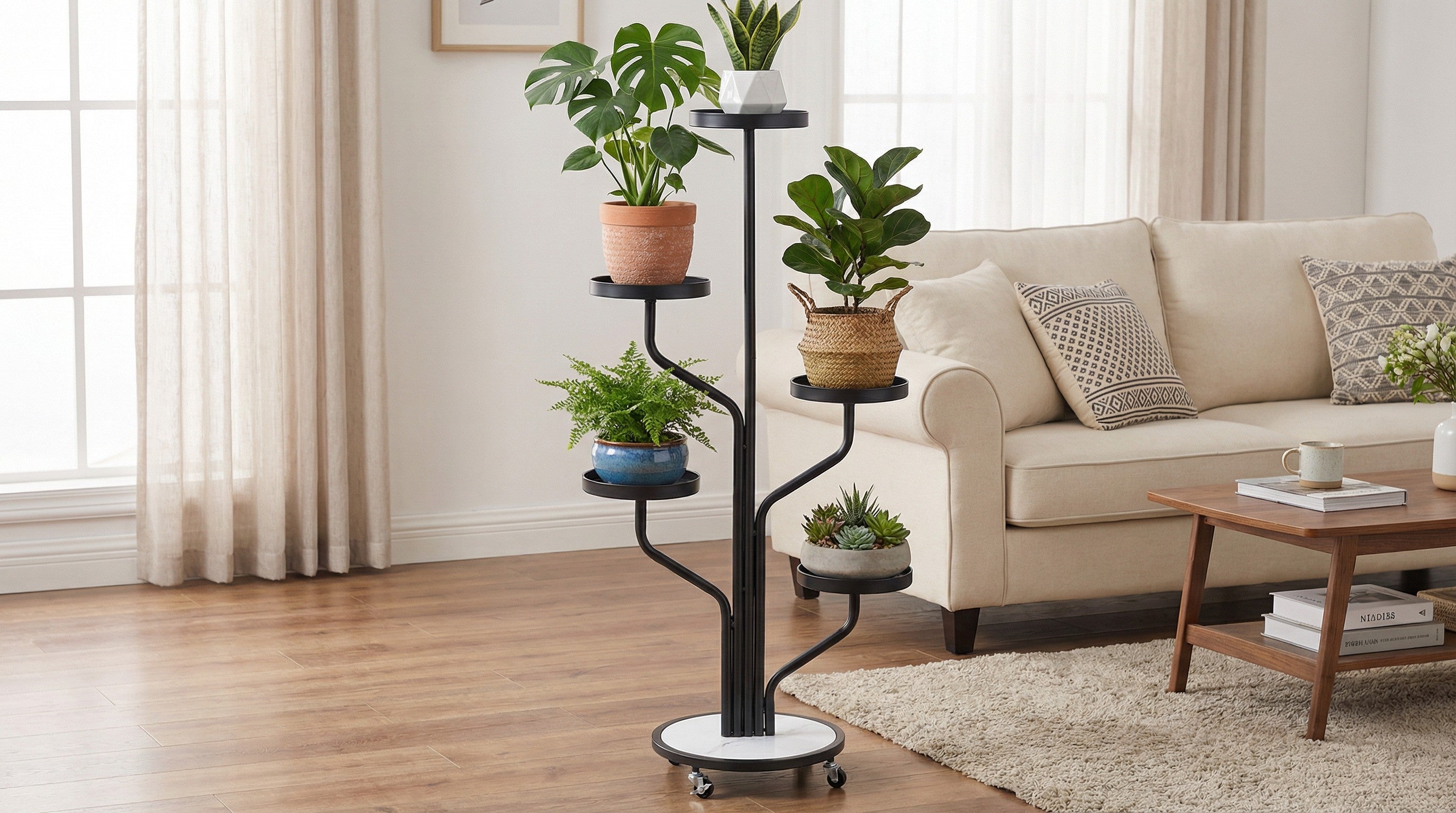 5-Tier Metal Plant Stand with Wheels, Rolling Indoor Outdoor Planter Shelf