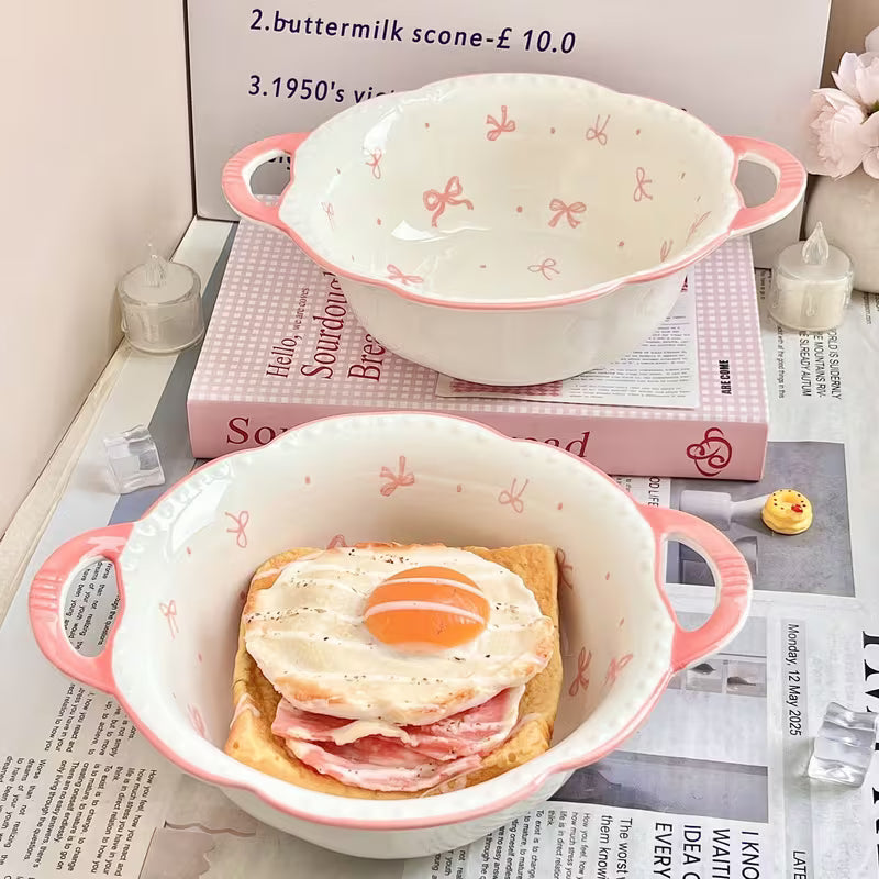 Large Ceramic Soup Bowl with Double Handles and Bowknot