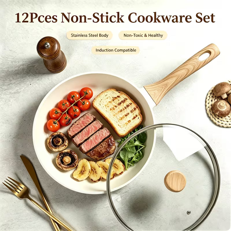 12-Piece Stainless Steel Cookware Set with Frying Pan and Saucepan