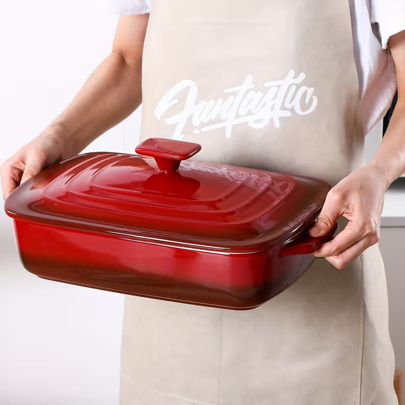 Large Ceramic Casserole Dish with Lid 4.0 Qt Rectangular Baking Pan Red