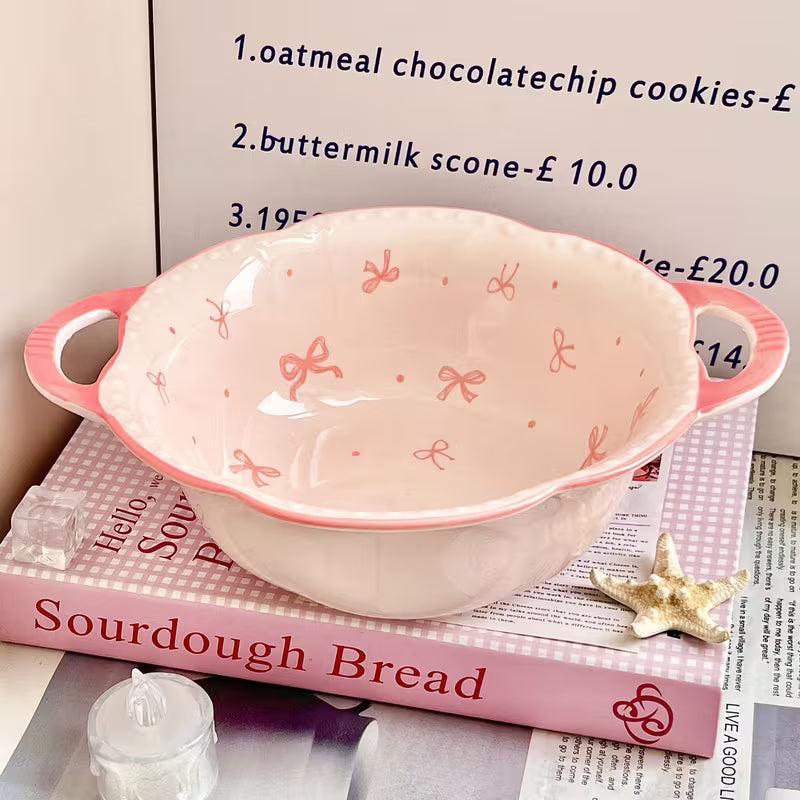 Large Ceramic Soup Bowl with Double Handles and Bowknot