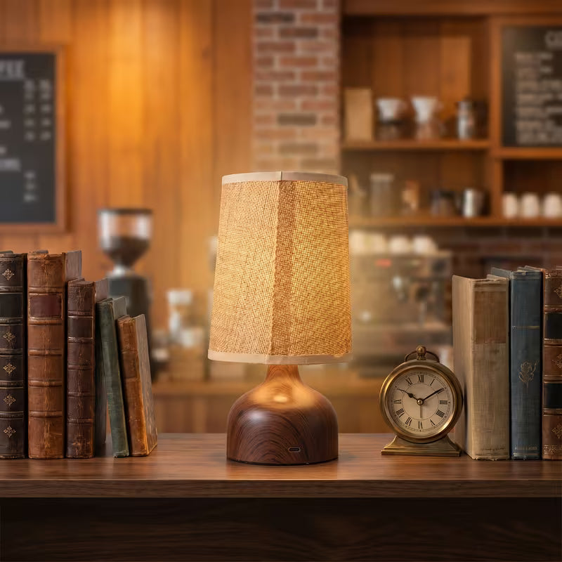 Wireless Rechargeable Wooden Table Lamp with Linen Shade