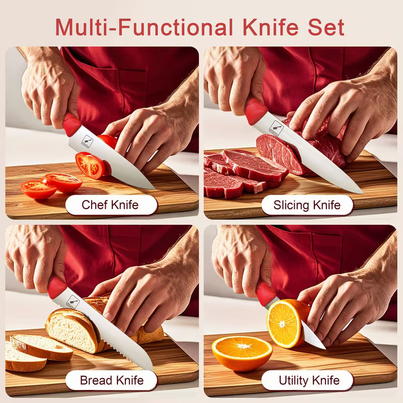 14-Piece Stainless Steel Kitchen Knife Set with Sharpener Block Red