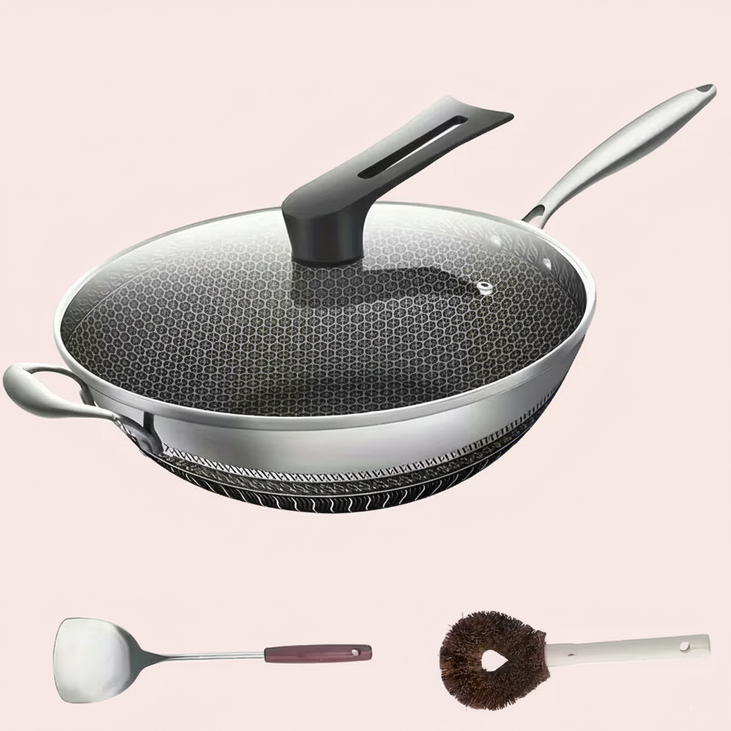 13.3″ Stainless Steel Wok Pan with Lid & Spatula – Nonstick – All Cooktops