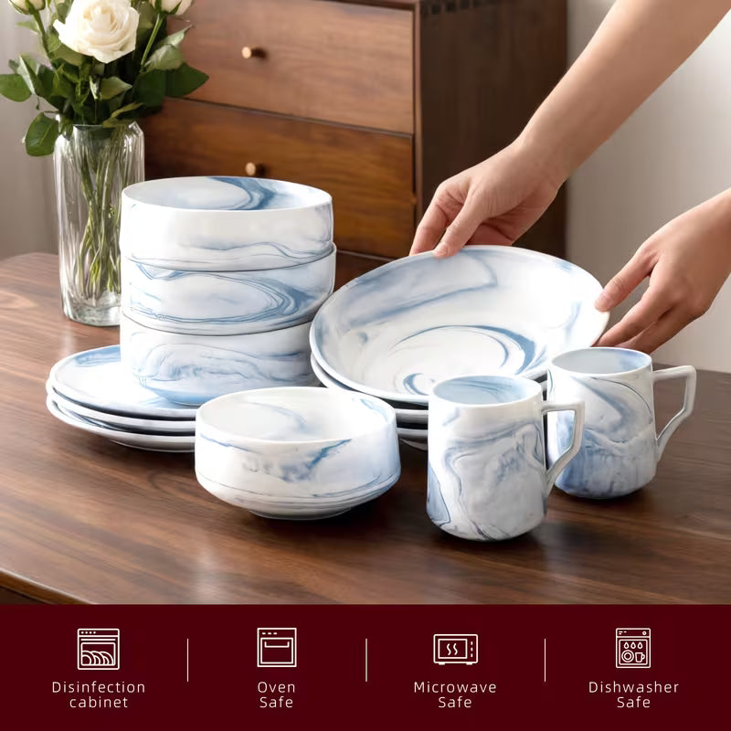 Marbled Round Ceramic Dinnerware Set with Plates and Bowls