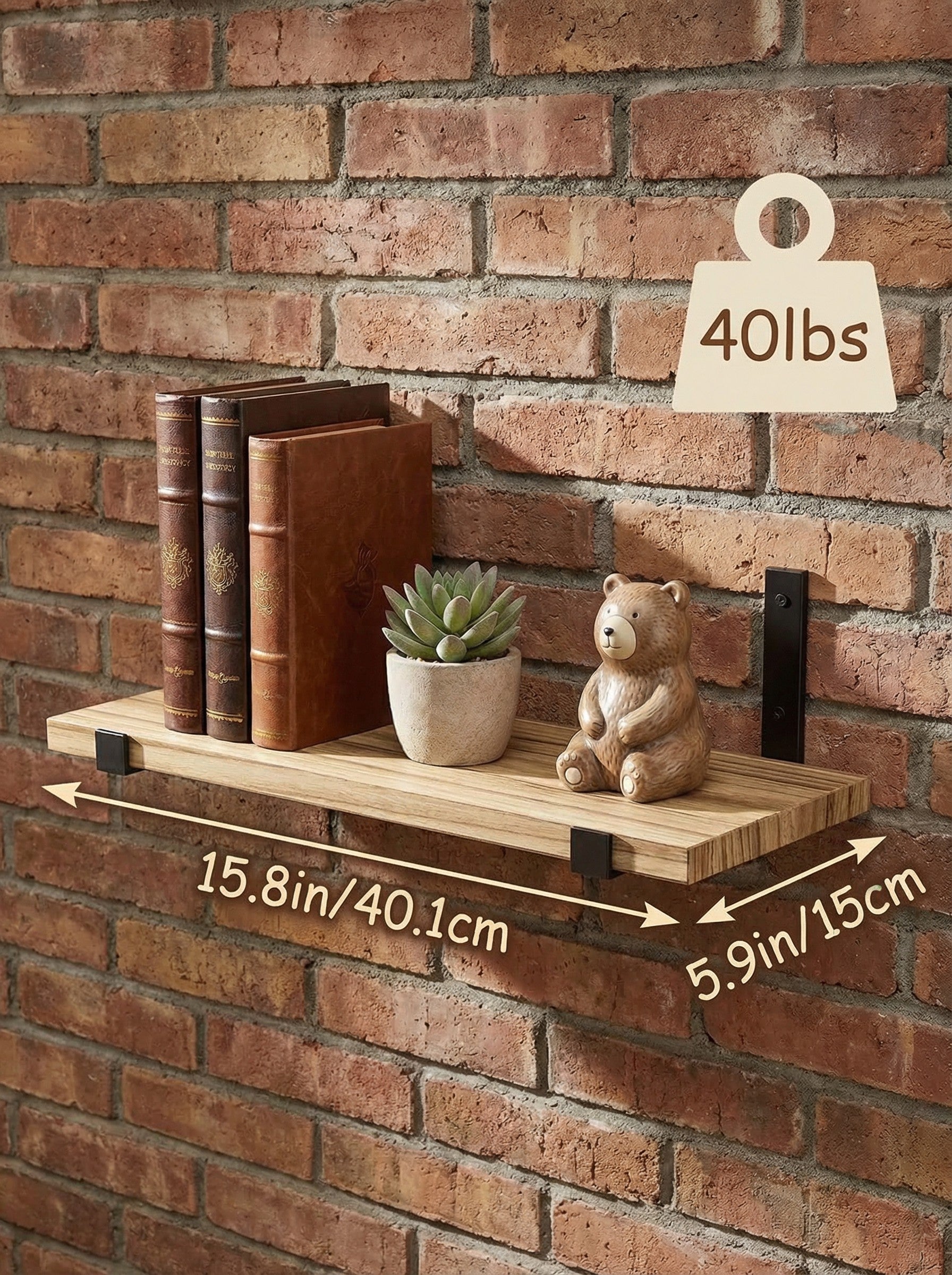 Wood Wall Shelves 15.8” with Metal Brackets – Rustic Floating Shelves | 5/8 Pack