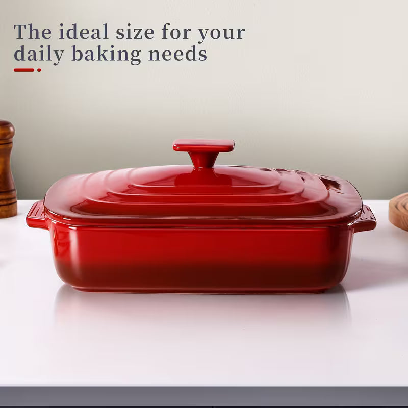 Large Ceramic Casserole Dish with Lid 4.0 Qt Rectangular Baking Pan Red