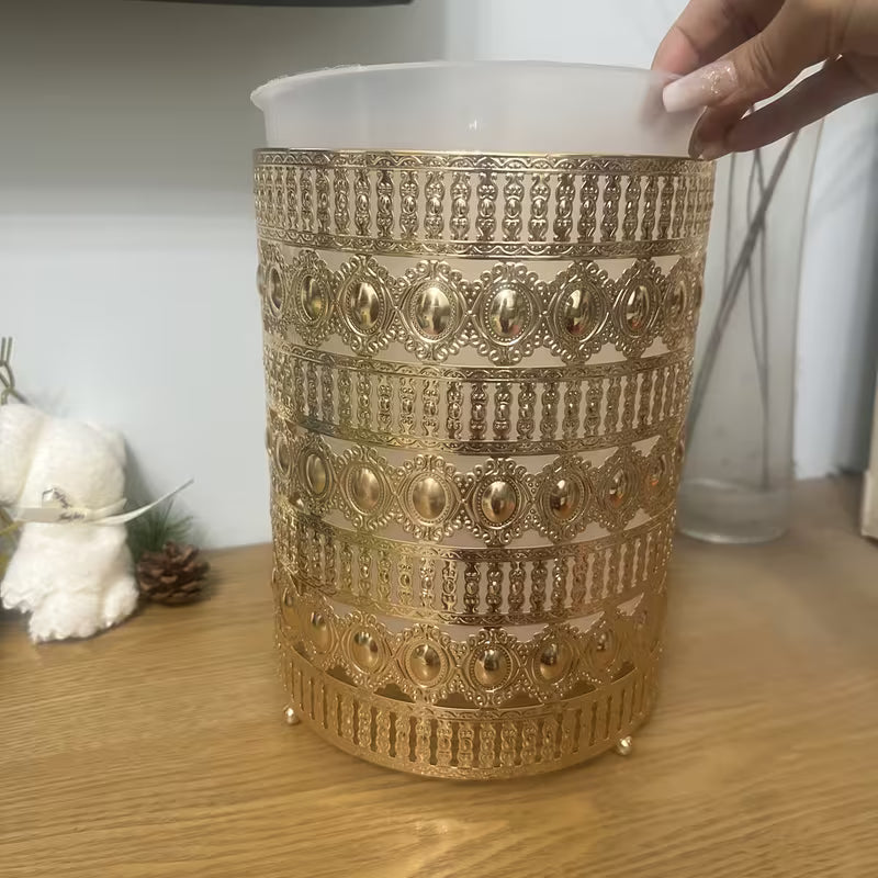 Luxury European Style Hollow Decorative Iron Waste Bin with Transparent Liner
