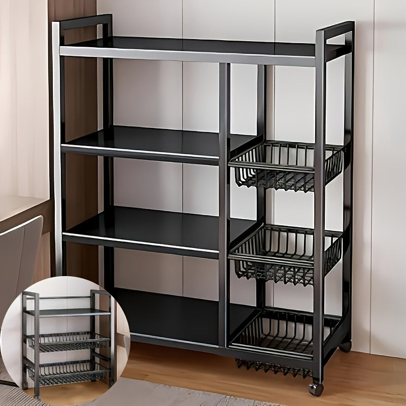 4-Tier Rolling Storage Rack with Baskets, Metal Utility Shelf on Wheels, Kitchen Garage Organizer