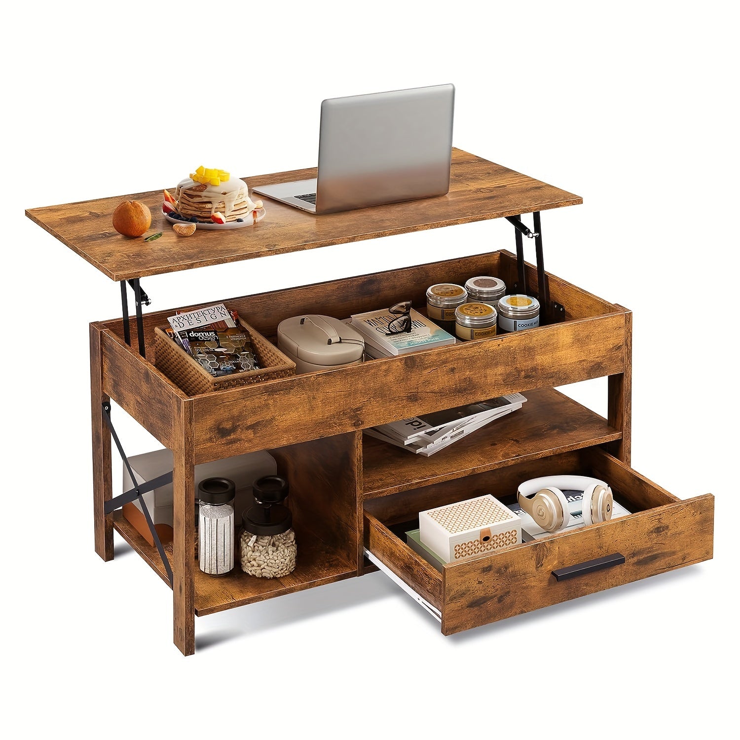 Lift Top Coffee Table w/Hidden Storage Drawer Shelf Retro Wood Living Room Table