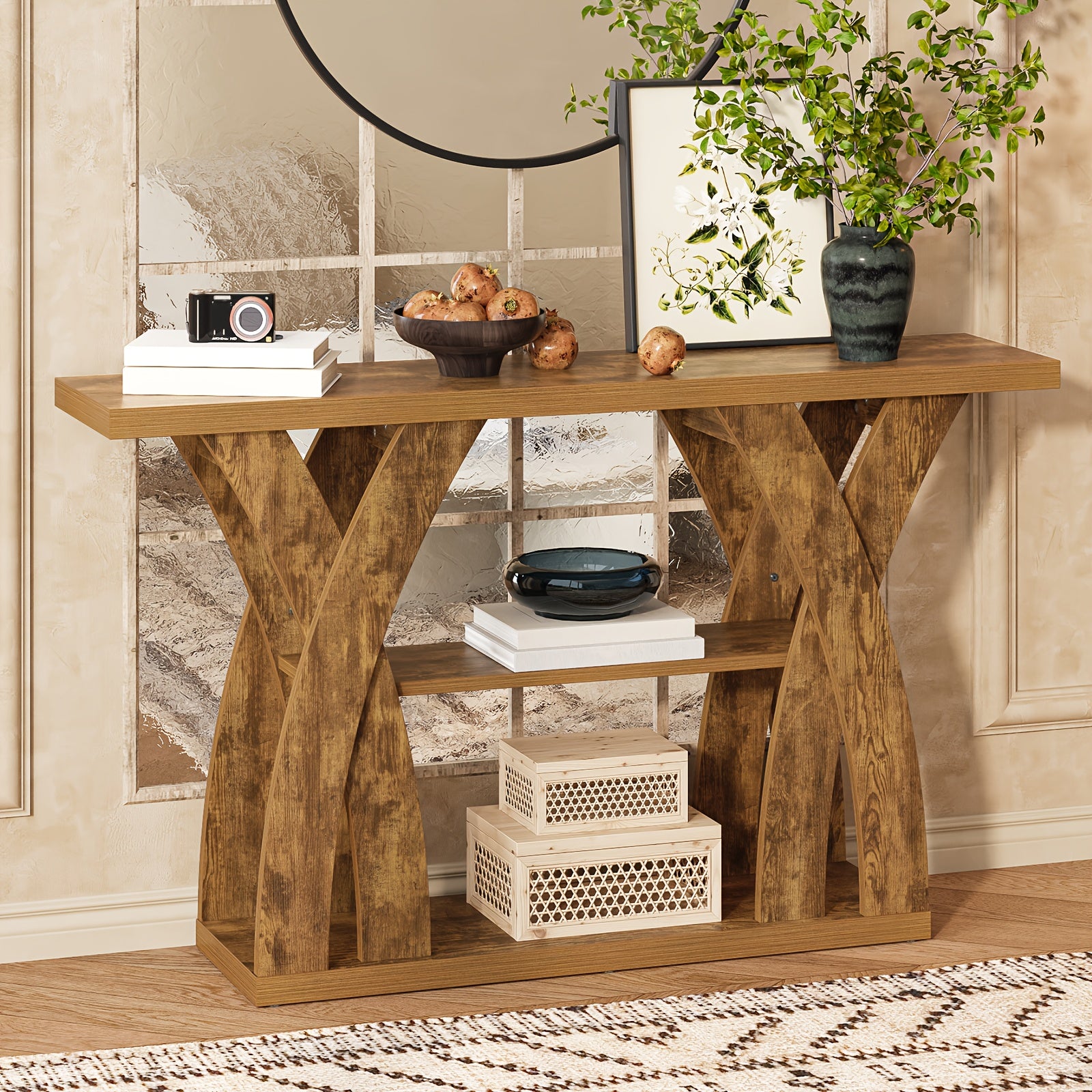 Rustic Console Table with Shelf, Entryway Sofa Table 55" Wood