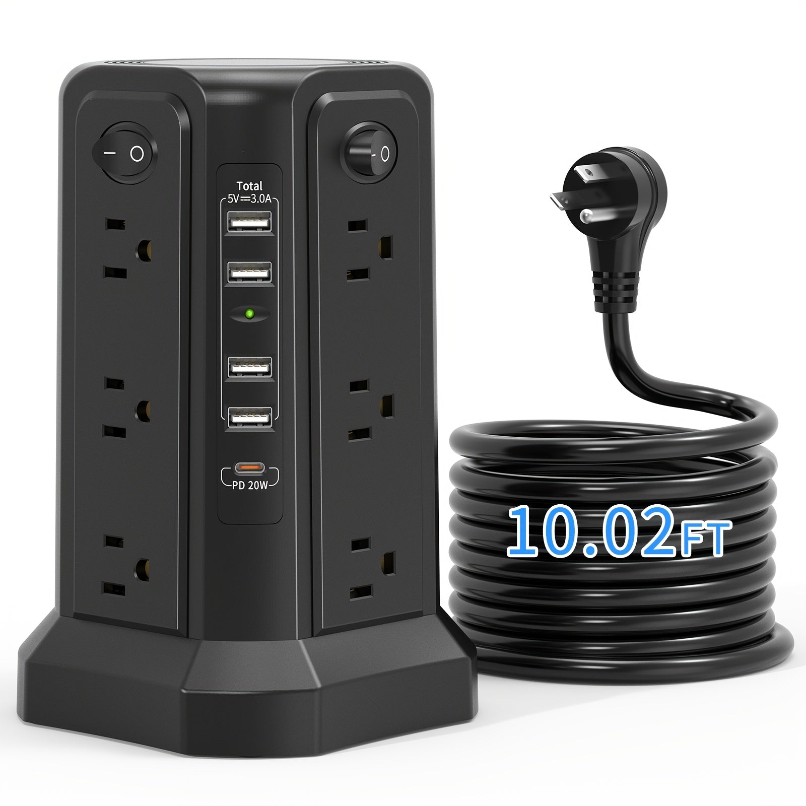 Power Strip Tower Surge Protector 12 AC Outlets 5 USB Ports 8.8ft Cord Gray