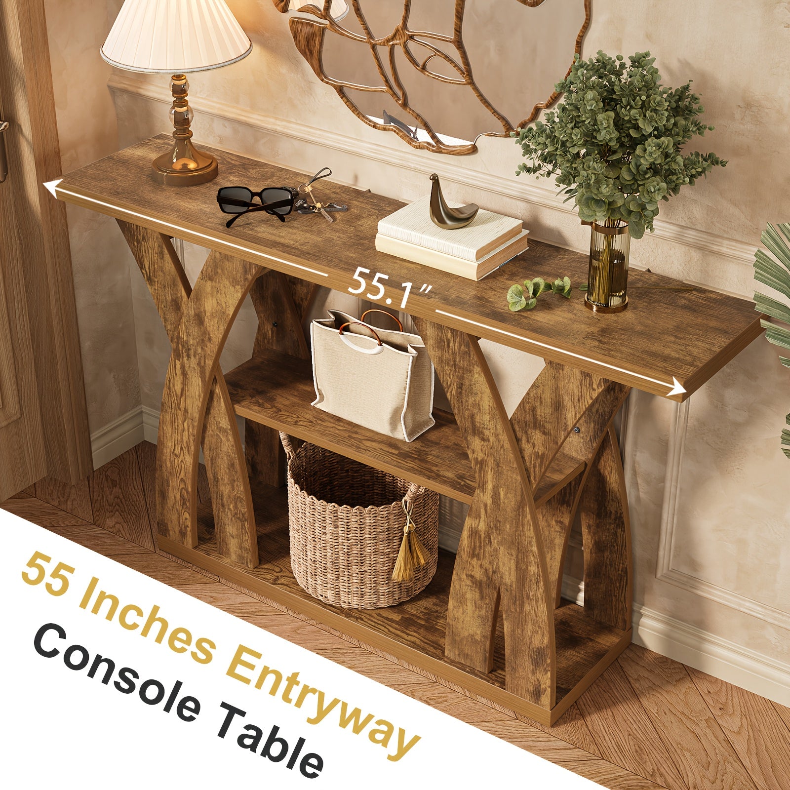 Rustic Console Table with Shelf, Entryway Sofa Table 55" Wood
