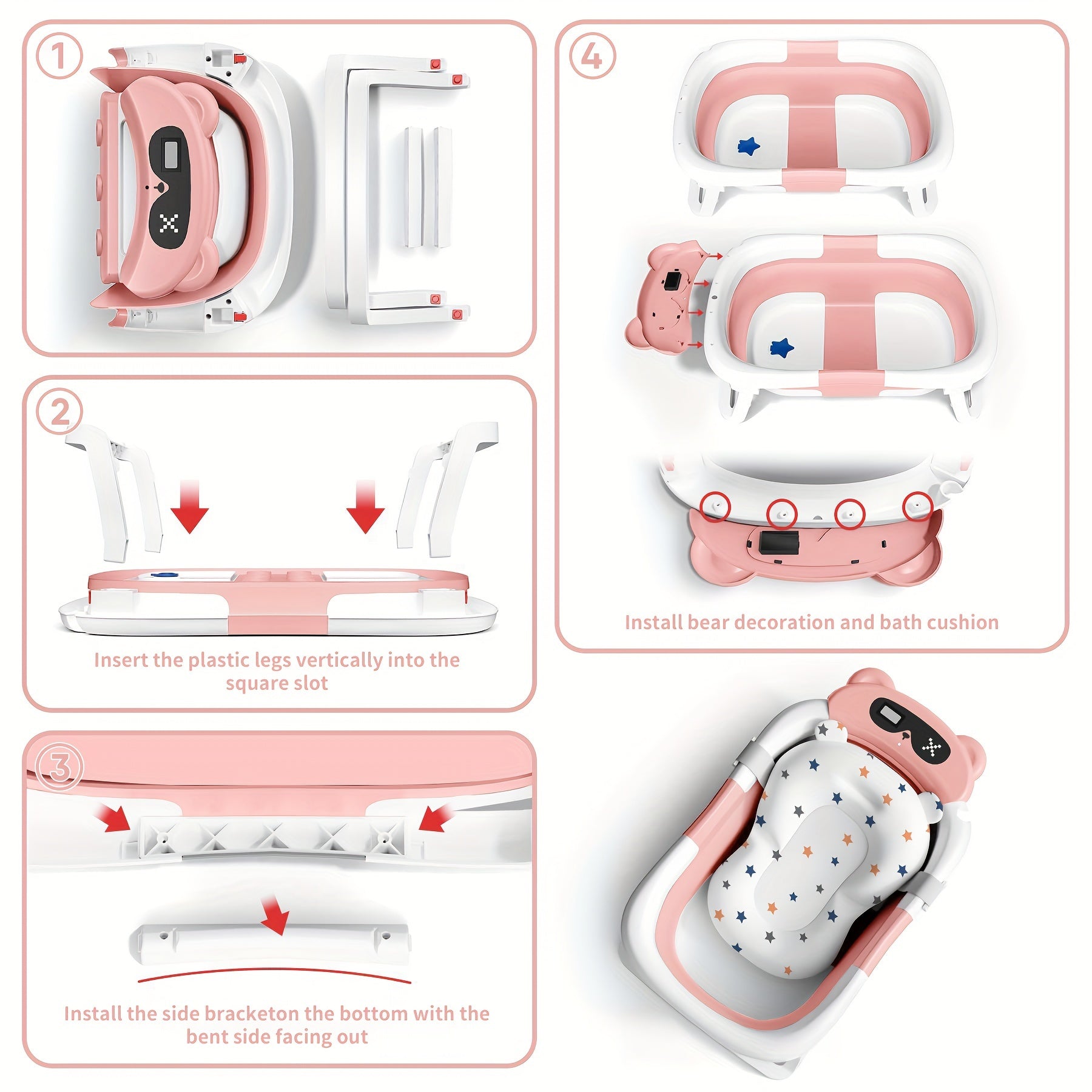 Foldable Baby Bathtub with Thermometer Soft Cushion Portable Baby Bath Tub