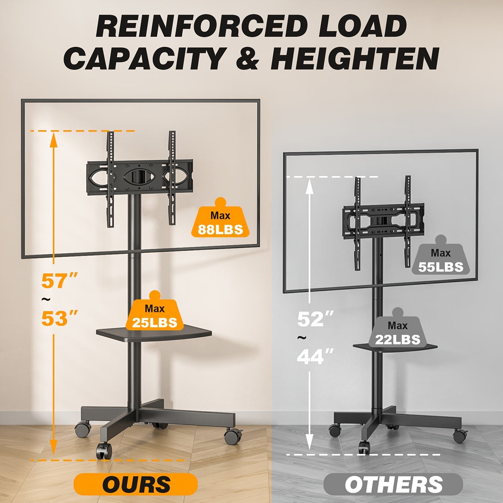 Mobile TV Cart Stand 23-60 Inch Rolling TV Stand w/ Shelf VESA 400x400 88lbs